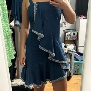 Denim Ruffle Mini Dress - Blue
